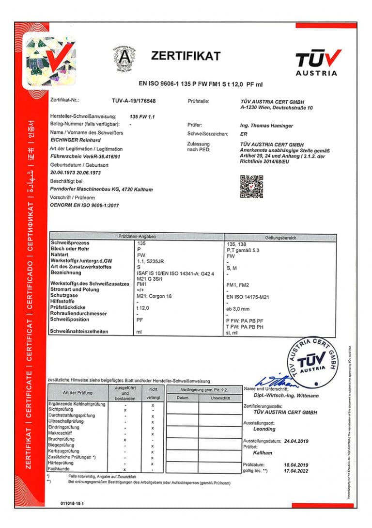 Perndorfer Maschinenbau received the welding certificate